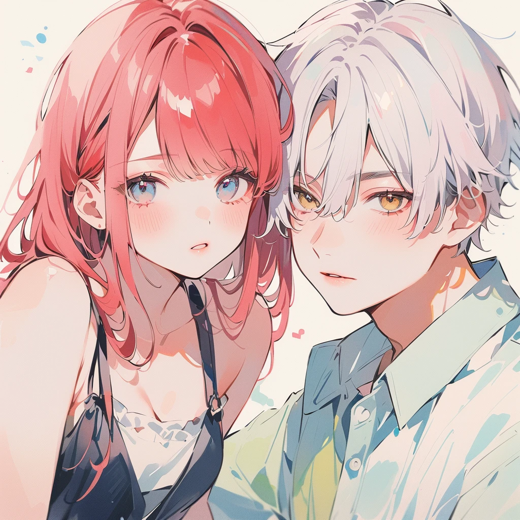 A red–haired girl and a white-haired boy Watercolor、pale colour、