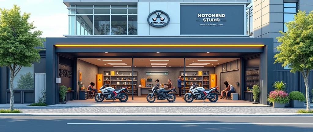 Generate a realistic, horizontally shop width lenthy more more expended part by part room 1 part Service point, 2 part waiting room, 3 part payment reciption same floor extended image of a one-floor bike servicing center named 'MotoMend Studio' in a roadside city area. The design should clearly show three sections: a service point with three mechanics working on bikes visible through a glass front, a customer waiting room with comfortable seating and customers waiting, and a reception area on one side. Also, include a corner with a showcase wall displaying parts, helmets, and engine oil. The center should be clean, organized, and modern. The exterior should feature a well-paved road, a few trees, and surrounding buildings, creating a lively city atmosphere. The 'MotoMend Studio' branding should be prominently displayed on the glass door and signage one floor and one side customer wait in sofa hand tea