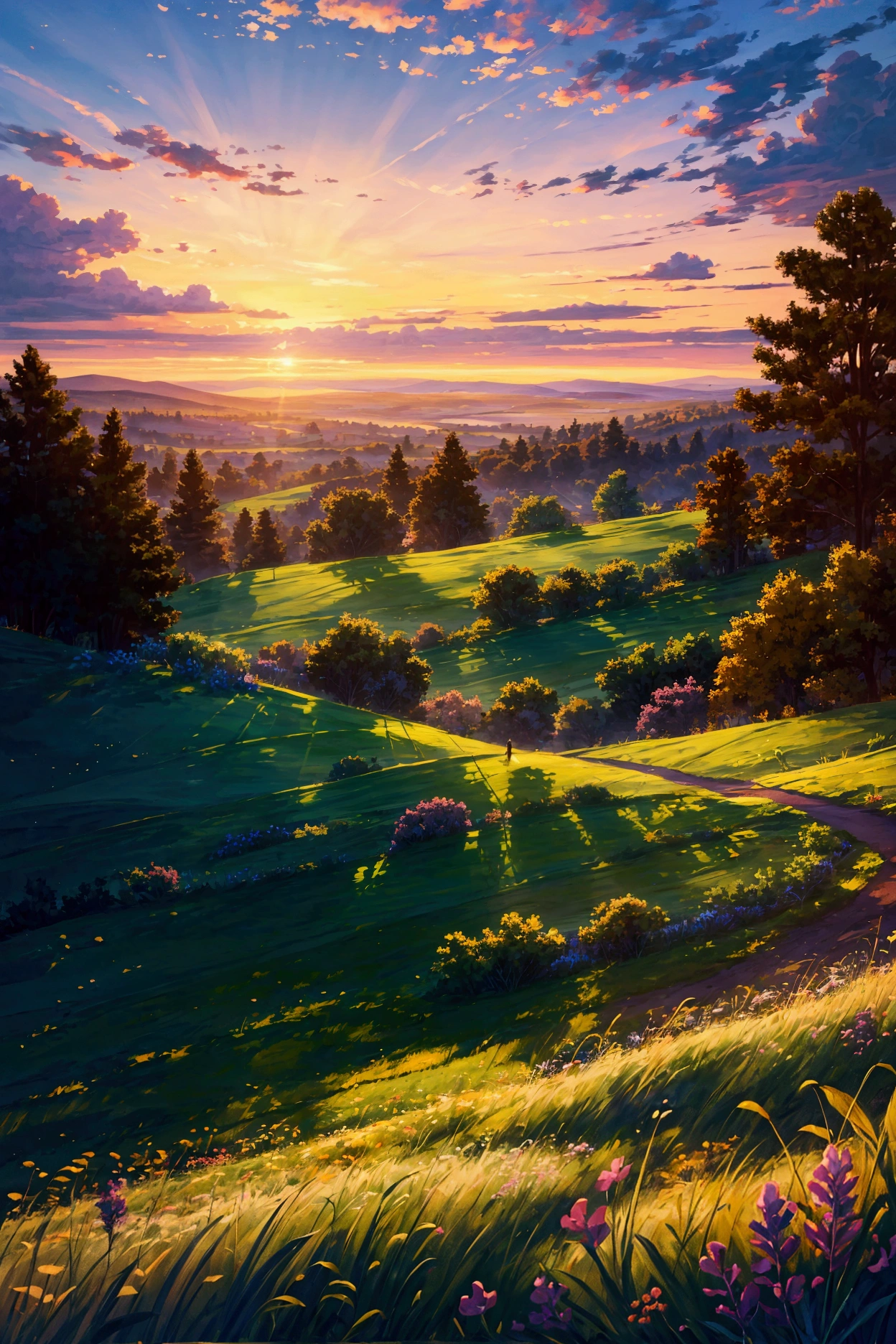 An awe-inspiring ultra-high-definition 4K digital painting capturing the serene beauty of a classic car parked atop a picturesque hill at dusk. The car, polished to a mirror-like finish, reflects the warm hues of the setting sun as it casts a golden glow over the surrounding landscape. The hill is covered in lush, green grass that sways gently in the evening breeze, dotted with wildflowers that add pops of color to the scene. 

In the distance, rolling hills stretch out towards the horizon, gradually blending into the soft purples and blues of the twilight sky. The sky itself is a masterpiece of color, with streaks of orange, pink, and lavender painting a breathtaking backdrop as the sun dips below the horizon. A few wispy clouds catch the last light, adding depth and dimension to the sky. 

The car, perfectly positioned to take in the panoramic view, exudes a sense of calm and quiet solitude, as if inviting the viewer to pause and take in the beauty of the moment. The overall scene is rich with intricate details, from the textures of the grassy hill to the subtle reflections on the car’s surface, capturing the tranquil yet majestic atmosphere of a peaceful evening in nature.