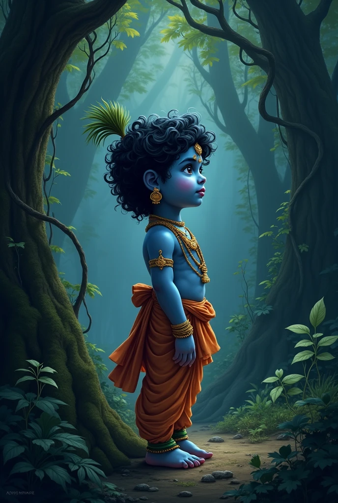 Lord blue krishna illustration in childhood with dark black and green combination background in forest