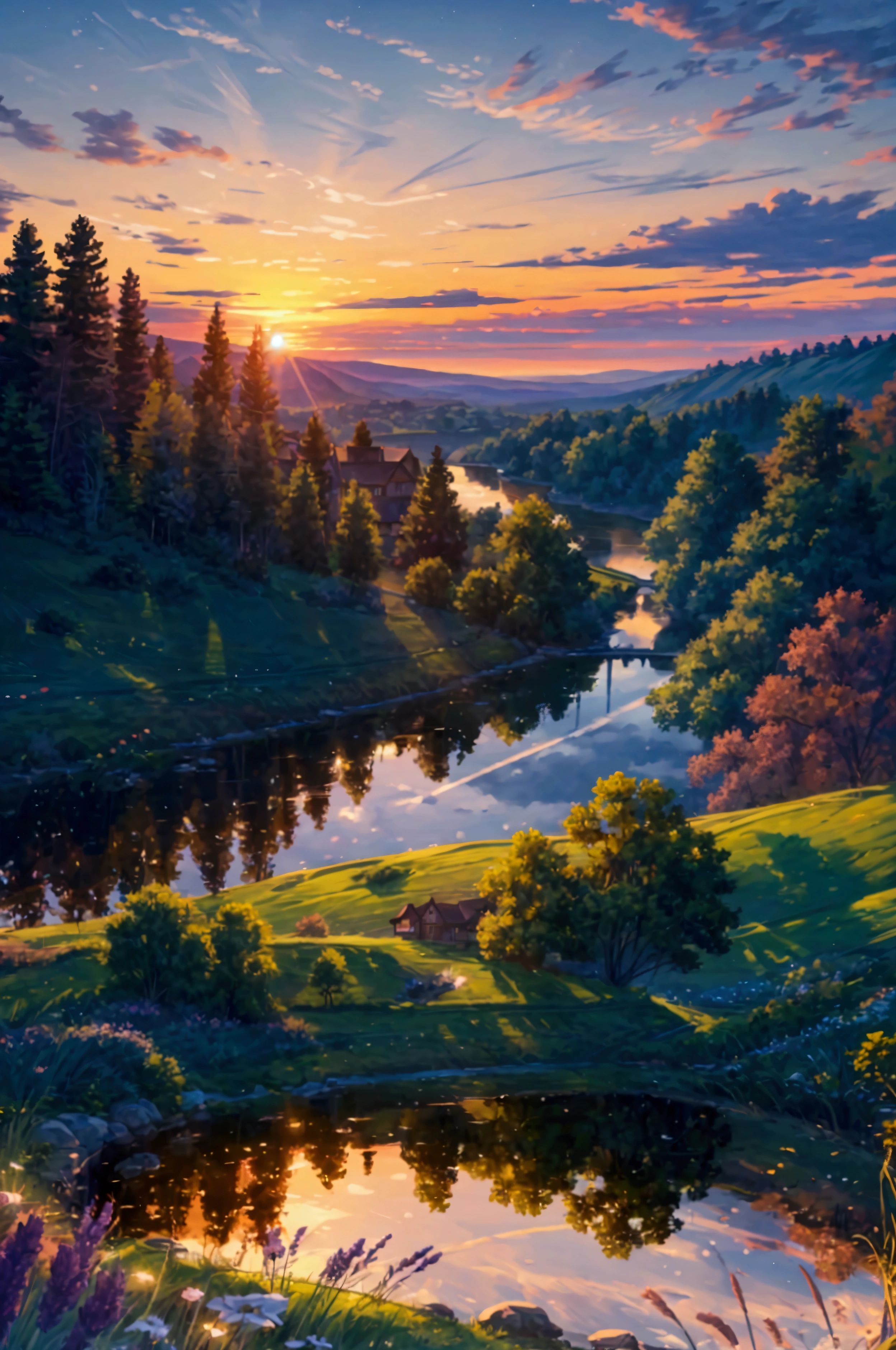 An awe-inspiring ultra-high-definition 4K digital painting capturing the serene beauty of a classic car parked atop a picturesque hill at dusk. The car, polished to a mirror-like finish, reflects the warm hues of the setting sun as it casts a golden glow over the surrounding landscape. The hill is covered in lush, green grass that sways gently in the evening breeze, dotted with wildflowers that add pops of color to the scene. 

In the distance, rolling hills stretch out towards the horizon, gradually blending into the soft purples and blues of the twilight sky. The sky itself is a masterpiece of color, with streaks of orange, pink, and lavender painting a breathtaking backdrop as the sun dips below the horizon. A few wispy clouds catch the last light, adding depth and dimension to the sky. 

The car, perfectly positioned to take in the panoramic view, exudes a sense of calm and quiet solitude, as if inviting the viewer to pause and take in the beauty of the moment. The overall scene is rich with intricate details, from the textures of the grassy hill to the subtle reflections on the car’s surface, capturing the tranquil yet majestic atmosphere of a peaceful evening in nature.