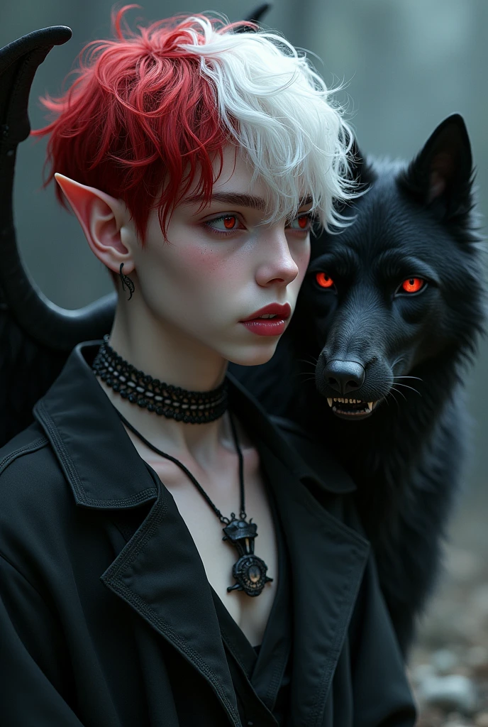 A boy who looks like someone in his 20s, her hair is white and red and her skin is white and pale, each of your eyes has a different color from the other, he is sad and melancholic because he is not reciprocated by the man he loves, he looks like a gothic, he is an angel who lost his heavenly grace and was cursed, he has vampire teeth and one of his wings is a skeleton and the other is a bat, he is a dark wizard, he has a black wolf made entirely of darkness, he wears a choker and a skeleton necklace, he also likes erflies and is an RPG character, he cries black tears and is always accompanied by his dark wolf, the wolf appears to be made of black smoke, he also has pointy ears and wears the robea dark wizard.