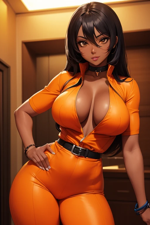 Sexy busty girl, dark skin ebony, with exotic orange clothing