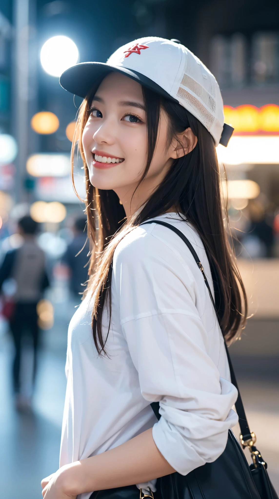 masterpiece, Highest quality, Highest quality, beautiful girl, Cute Face, 8k, Official Art, RAW Photos, When going out in the city during the hot season, please wear cool clothes., profile, Sports Cap, Teen, Face Light, Film Grain, chromatic aberration, Sharp focus, Very happy smile, Show me your little teeth, Dynamic Lighting, Cinema Lighting, Photo of your face, Upward glance