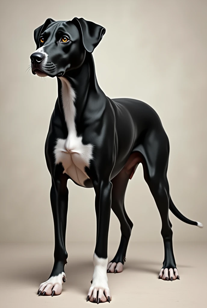 Create a picture of a dog. The breed of the dog is a mix of Rhodesian Ridgeback and Dalmatian. He has black fur, a white chest with black spots and a white right paw.