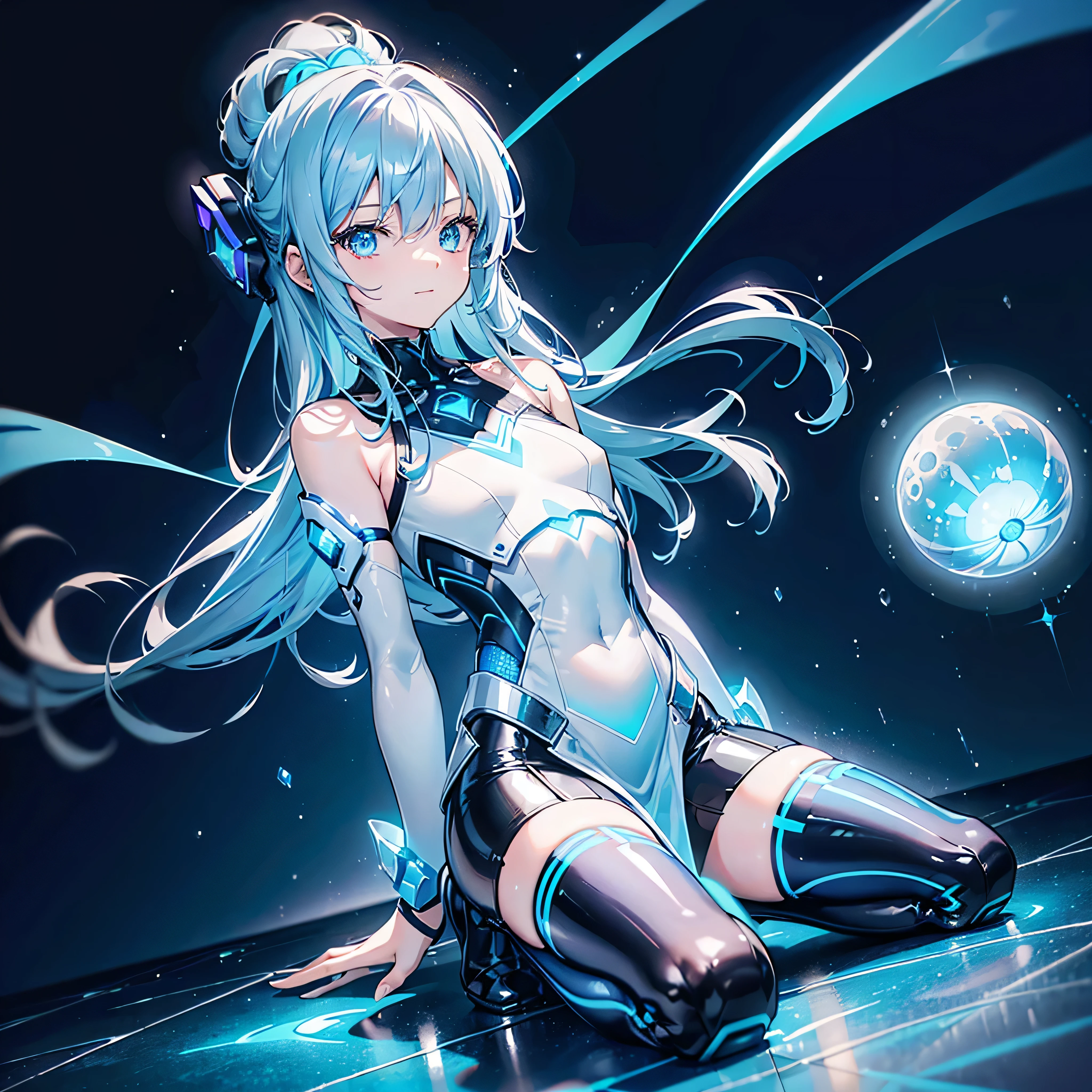 ((Holographic glow effect)),8k, Highest quality, (real:1.4), Original photo, 1 person, Asari Hair, Biological Amplifier, Very sleek and futuristic armor, posture: Peace talks between warring factions,,attention arousal, smart blue eyes,A modest smile,Knee-high boots,Patent-look blue tights,Blue big moon and blue light swirl in the background,Blue light from behind,blue light magic,A small, glowing blue ball in the palm of your hand,Blue flame swirl,Blue Comet,Polished floor,