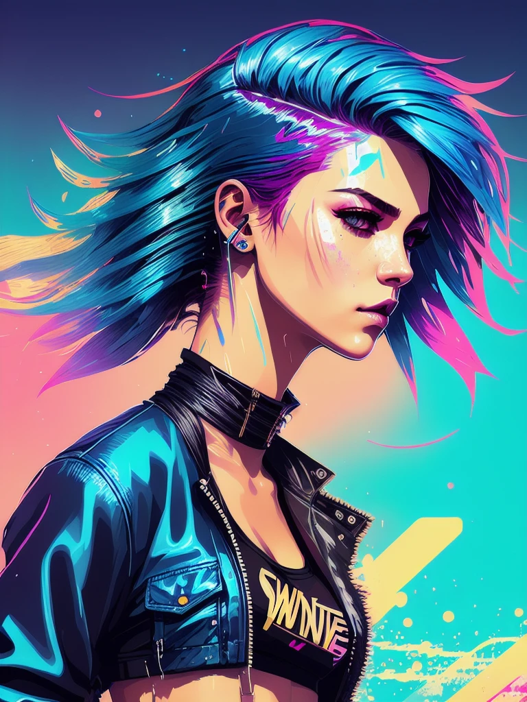 swpunk style synthwaveaward winning half body portrait of a woman in a croptop and cargo pants with ombre navy blue teal hairstyle with head in motion and hair flying, paint splashes, splatter, outrun, vaporware, shaded flat illustration, digital art, trending on artstation, highly detailed, fine detail, intricate