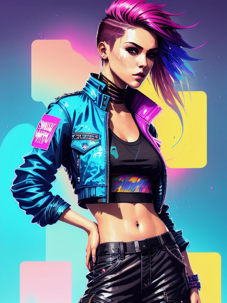 synthwaveaward winner swpunk style half-length portrait of a woman in a motel, in underwear, with teal navy blue ombre hairstyle with moving head and hair flying, paint splatter, splatter, overdrive, vaporware, shaded flat illustration, art digital, artstation trends, highly detailed, fine detail, intricate