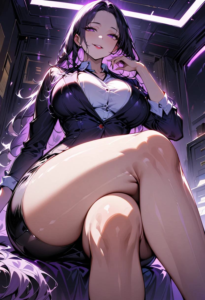 Mature beautiful woman,(Highest quality,Extremely detailed depiction,Incredibly absurd high resolution,Anatomically accurate depiction,Curvy Legs,Shiny skin,Porcelain-like skin),(Office Lady,An excellent female secretary,Villainess),(business suit,Tight Skirt,Formal Shirt,Black Pantyhose,Luxurious accessories),eyelash,(Purple eyes,Detailed pupil,Half-closed eyes:1.3,Large Breasts,Wicked Smile,lustrous red lips,Sitting,Seductive gestures),whole body,(background:In the office),（View from below:1.5）