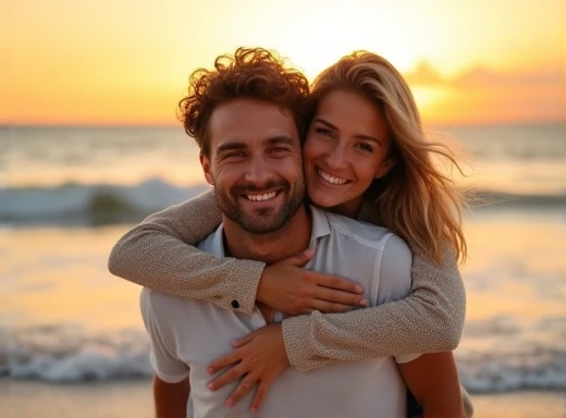 create a photo of a cute couple on the beach hugging happily without looking too bad