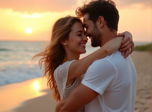 create a photo of a cute couple on the beach hugging happily without looking too bad