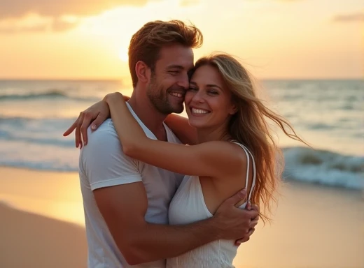 create a photo of a cute couple on the beach hugging happily without looking too bad