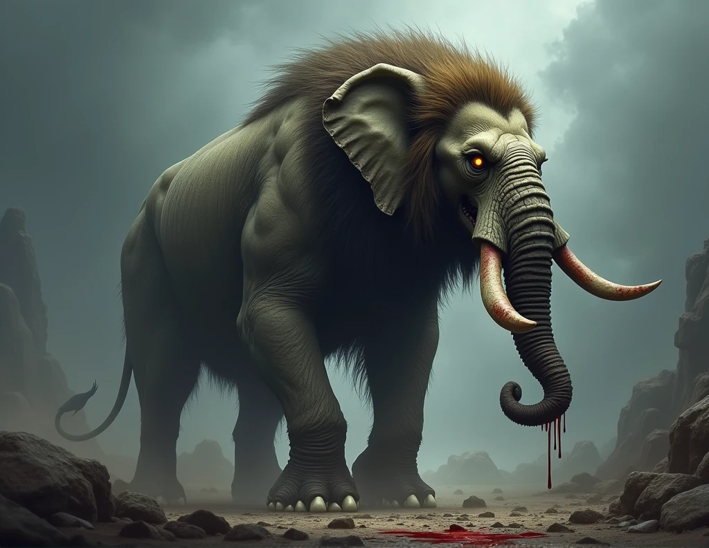 un melange entre un lion et un éléphant, agressif, carnivore, sanglant, énormément musclé, démoniaque