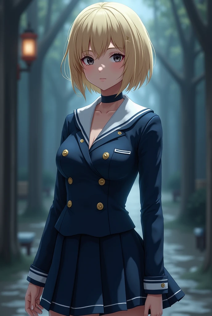 A girl (18 y/o) with short neck-length blond hair, with black eyes, white skin, pinky lips, a mole besides her mouth, skinny body, big breasts, wearing a dark blue uniform with golden buttons ( Jujutsu Kaisen Style)