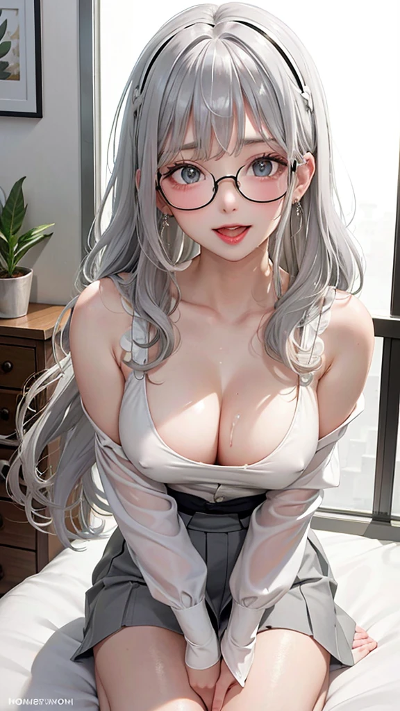 1Girl, 22 years, Solo, Anime, Ideal body, (Cleavage, Small breast, Hard Nipple). Beautiful, Gorgeous, Fresh, Blunt Bangs, (White Grey Hair:1.5),(Straight and Wavy Long Hair:1.3), casual skirt, camisoles, cotton texture, laced, casual pants, Off-Shoulder, Oversize, Comfort, Loose shirt, Fabric Texture. (Seiza:1.3). Earrings, Thin Black Headband, Eye Glasses, Green Accessories, Environmental Details, Bed Room, Natural Light, Modern Bed, Chair, Window, White Curtain, City View. pov, anime style, UHD, retina, masterpiece, accurate, anatomically correct, textured skin. High Resolution, Looking at the viewer, Blush, Best Quality, Award Winning, Accurate, Embarrassed, seductive smile, naughty smile, horny, sweating, Naughty Face, Chin up, lips open, Gradient Eye Color, Sexy Pose. In the top view shot, the body is bent to the viewer, in front of the camera, looking up, tongue out, and with an open mouth. From Above, Close-Up, (sticky goo on breast), (white goo on body), (sweating). Milk, white milk on the breast. Hand correct, arm correct. 2 hand, 2 arm. Sharp, Ultra Detailed.