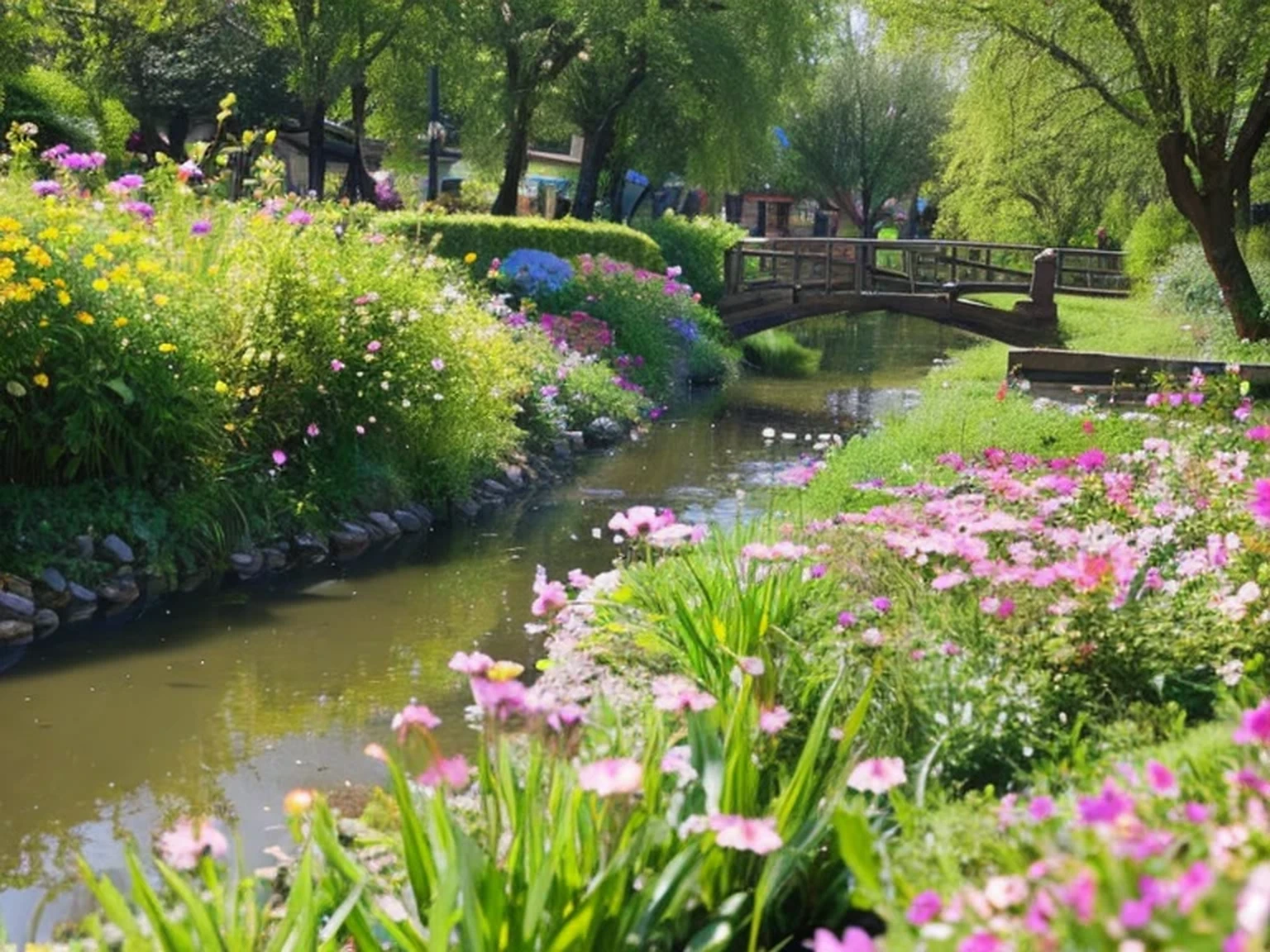 River Small river Landscape A small stream in the city No one there Flowers blooming along the river