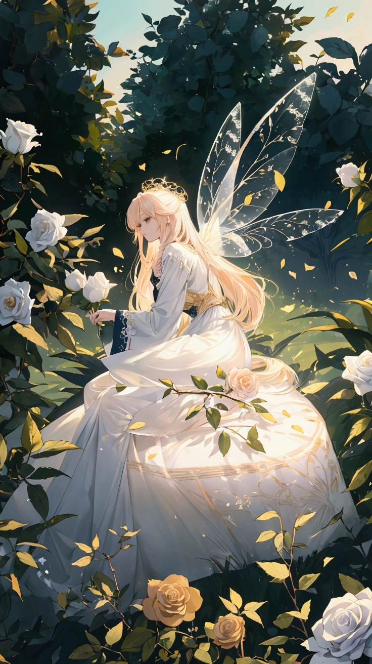 Close-up macro 2D rendering animation，A white fairy，With transparent wings and long golden hair，Sitting on top of white roses in the garden。Rose flower with many petals，in full bloom。The background is a lush green garden，There are more roses and plants。The image has an anime style，With maximum detail and high definition。Overall image illuminated by sunny morning light。
