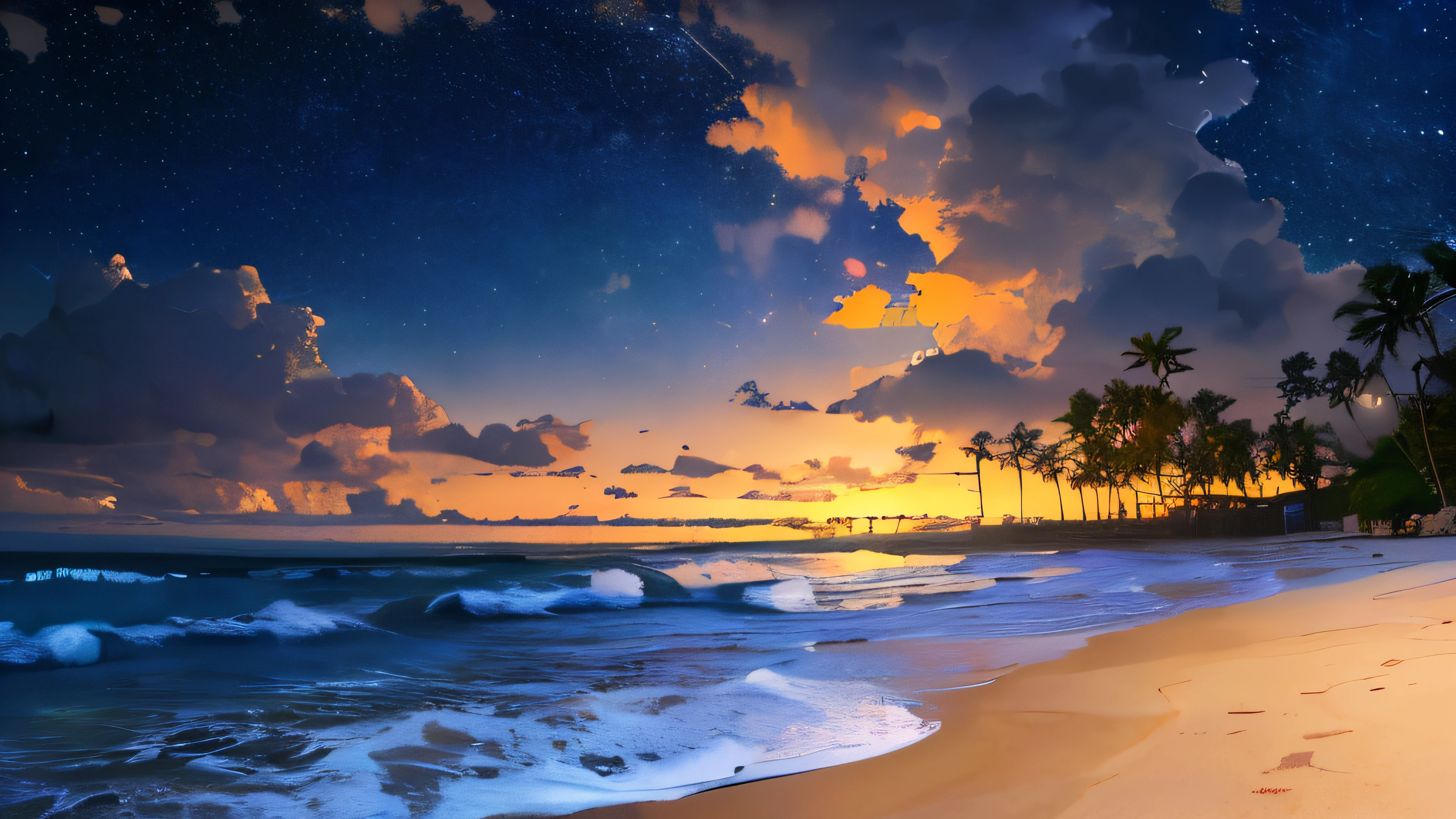 Tropical Beach,night, Starry Sky,milky way, Shooting with a wide-angle prime lens, (Highest quality,8k,High resolution,masterpiece:1.2),Very detailed,(Realistic,photoRealistic,photo-Realistic:1.37),High resolution,超High resolution,Studio Lighting,Vibrant colors,Professional