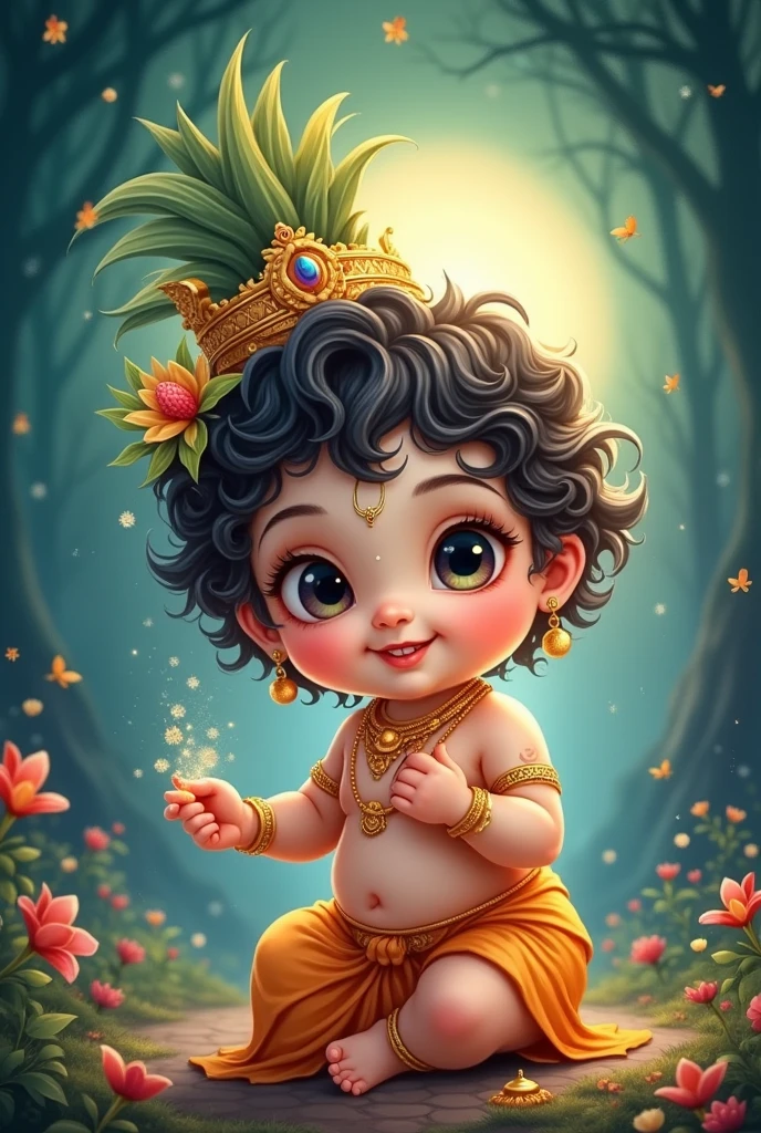 cute baby lord krishna illustration with vibrant background with glow