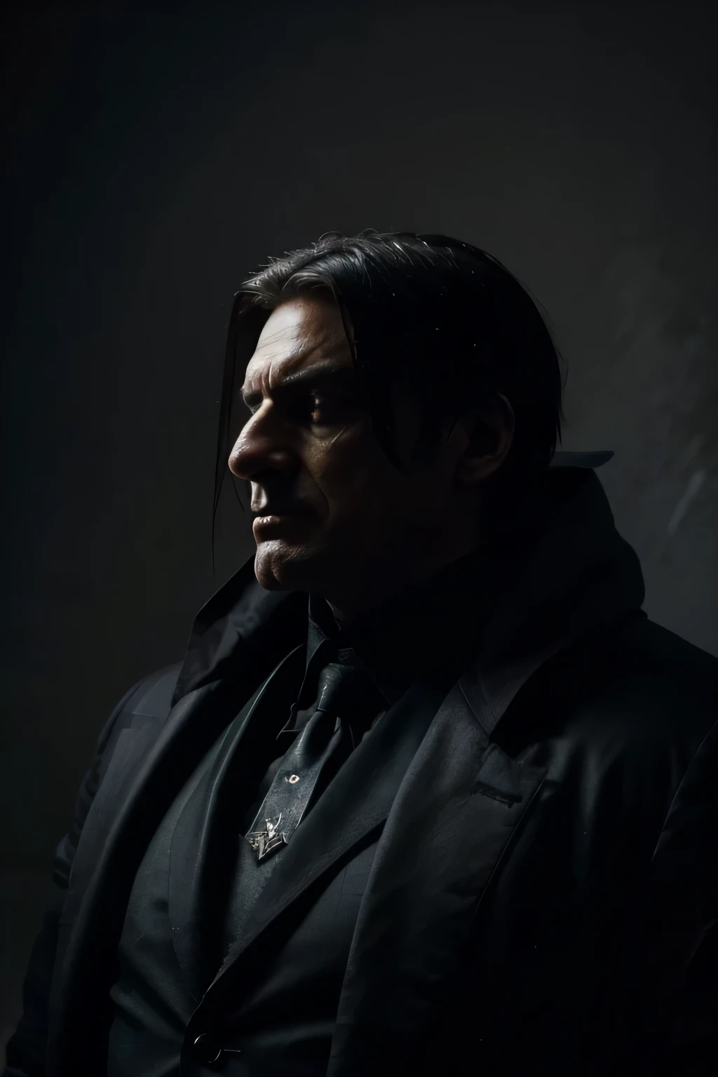 i want a cool profile picture for my telegram account. should be something to do with money, power. the central figure is a villain, he should look scary. give the picture a very dark vibe overall