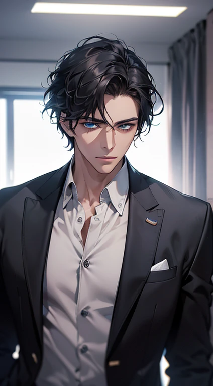 (best quality, masterpiece, 8K, photorealistic, cinematic lighting, 1:4 hdr image, top view, ultra detailed, beautiful image), a mature man, very handsome, short black hair, blue eyes, perfect face without errors , ((buttoning his jacket, CEO))