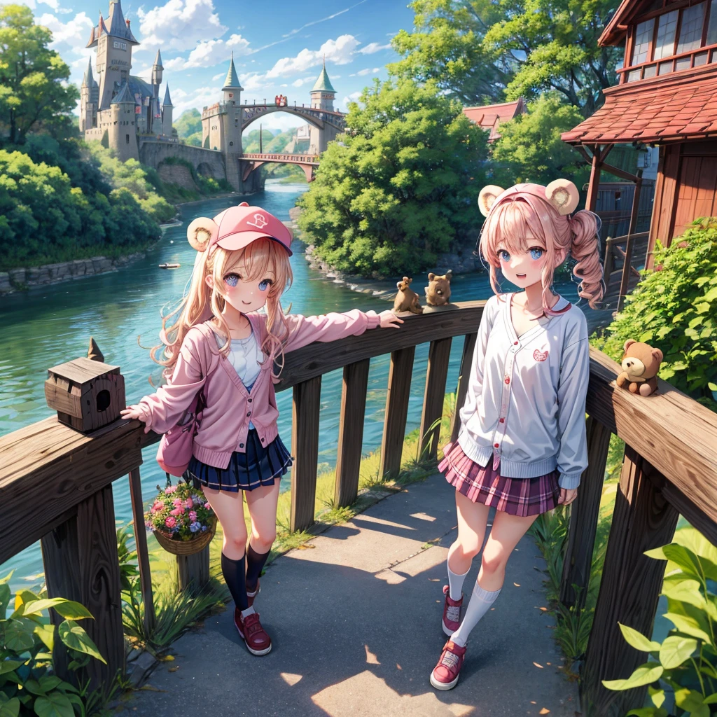 Pink Blonde、Red eyes、Wavy Hair、Hair tied up、Two cute、Checked mini skirt、black t-shirts、cardigan、Knee-high socks、bear ears baseball cap、Teeth are visible、Monster Castle、Tilting face、crossing the bridge、hazakura、windmill、grass、Stones are growing out of the ground.、A teddy bear is walking、Morning glory is blooming.、In front of the city gates、clock、Underground tunnels、Waterway、Small boat、Have a cider