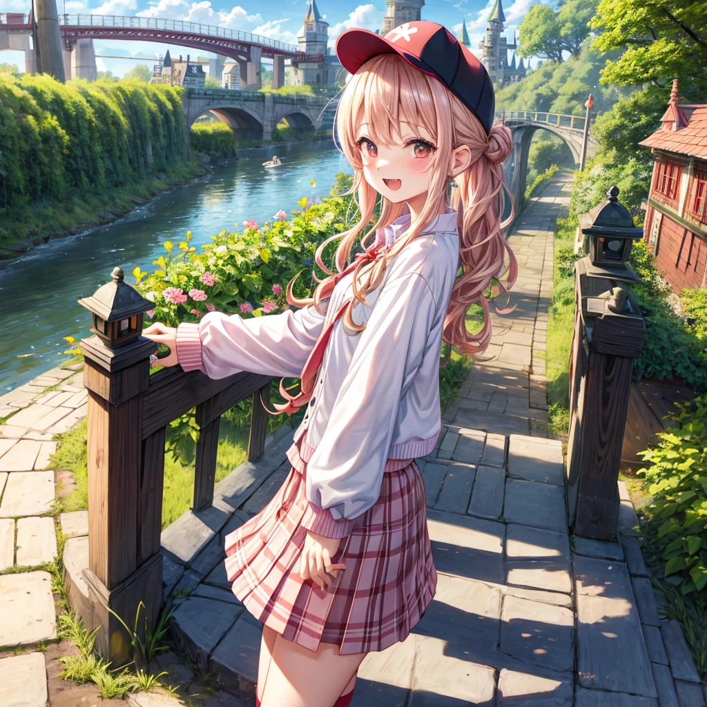 Pink Blonde、Red eyes、Wavy Hair、Hair tied up、Two cute、Checked mini skirt、black t-shirts、cardigan、Knee-high socks、bear ears baseball cap、Teeth are visible、Monster Castle、Tilting face、crossing the bridge、hazakura、windmill、grass、Stones are growing out of the ground.、A teddy bear is walking、Morning glory is blooming.、In front of the city gates、clock、Underground tunnels、Waterway、Small boat、Have a cider