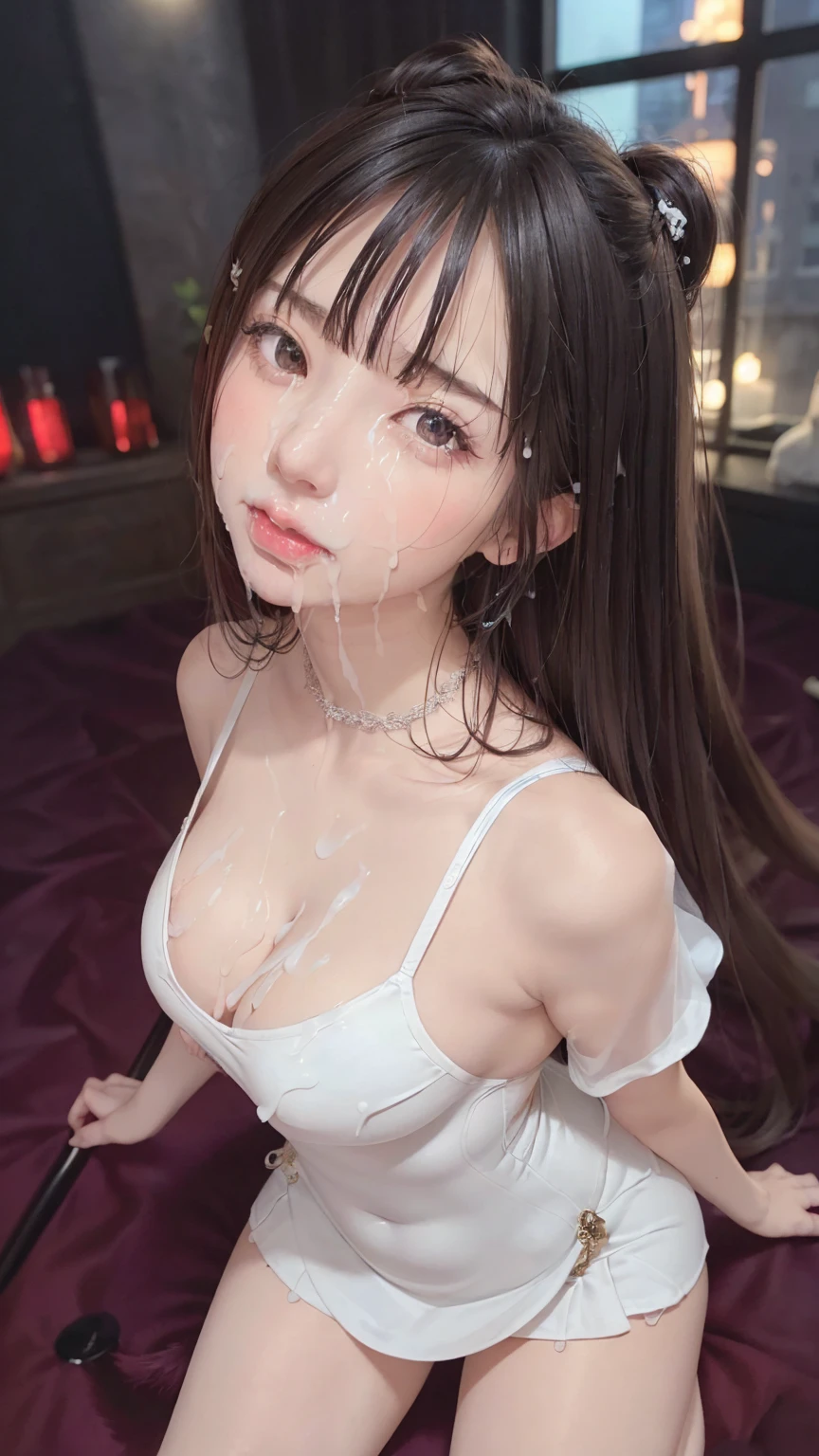 (8k, RAW Photos, Highest quality, masterpiece: 1.2)、Very detailed、Super Resolution、(Full body photography)、Natural color lip、Heavy eye makeup、(Super mini skirt tight dress costume 1.8), Gorgeous Accessories、Straight Hair、H cup breasts、Large Breasts:1.5、(Background of a high-end nightclub with a night view１.2)、(Dynamic Sexy Pose 1.2)、(Gorgeous Theme 1.2)、(With cleavage 1.2)、 ((The depiction of liquid semen being ejaculated from the penis is extremely realistic))