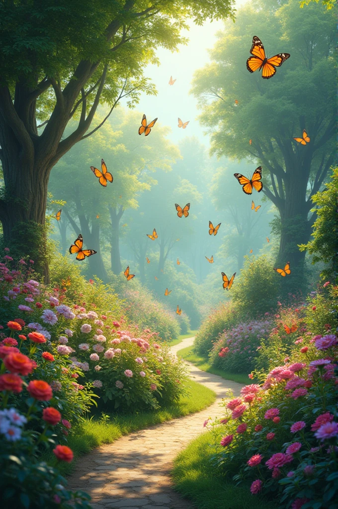 Landscape of a garden with butterflies