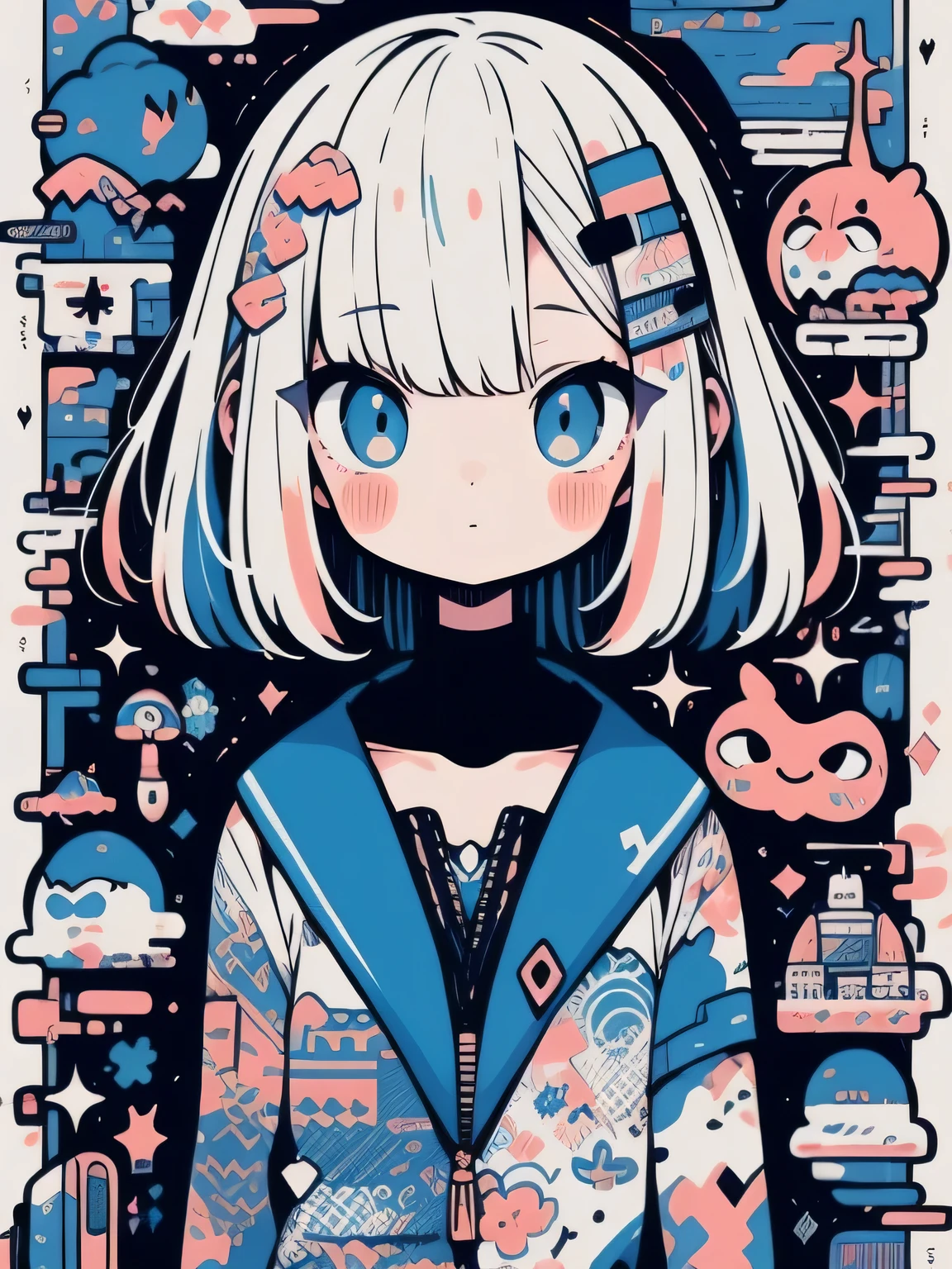 hightquality、Colorful color palette、high-level image quality、Kawaii Girl、Unprecedented amount of drawing、anime styled、Geometric pattern background、front facing、sticker style