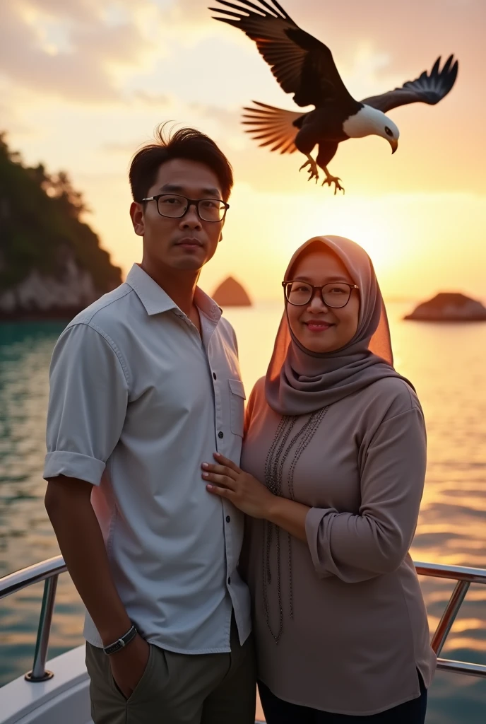 very detailed and realistic photos, HD quality, 4K, A married couple, wearing glasses, facing the Camera, Indonesian man and woman, 50 years old, black hair, the man is a bit thin, 170 cm tall, wearing casual clothes, the woman is wearing a headscarf, fat, 165 cm tall, the photo position is facing the camera, they are riding a luxury private yacht with an open roof on a seashore with a background view of small islands that are very beautiful and exotic with very clear sea water, a large eagle appears to be flying very close to their ship. morning atmosphere with the sun still looking reddish in the sky.