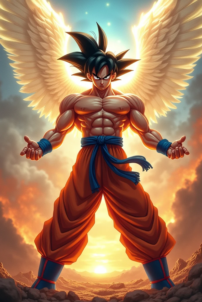 Master ultra instant aura Goku sexy body human hell background Angel wings fighting pose reality