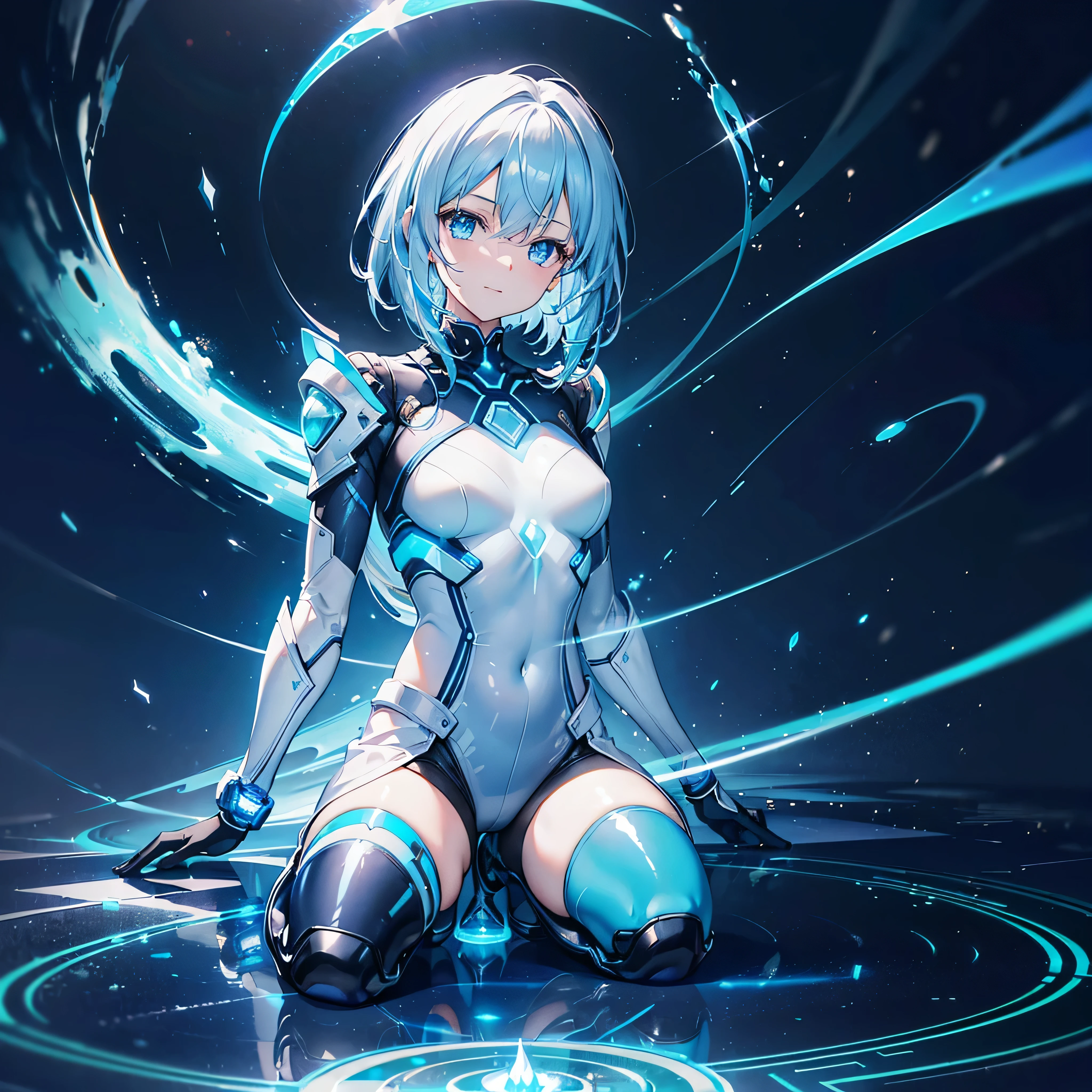 ((Holographic glow effect)),8k, Highest quality, (real:1.4), Original photo, 1 person, Asari Hair, Biological Amplifier, Very sleek and futuristic armor, posture: Peace talks between warring factions,,attention arousal, smart blue eyes,A modest smile,Knee-high boots,Patent-look blue tights,Blue big moon and blue light swirl in the background,Blue light from behind,blue light magic,A small, glowing blue ball in the palm of your hand,Blue flame swirl,Blue Comet,Polished floor,