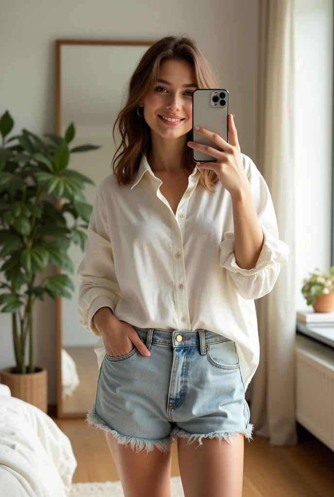 A young Caucasian woman in her twenties with slightly wavy, shoulder-length brown hair is standing in her modern bedroom. She is wearing a slightly oversized white linen shirt, buttoned halfway, and casual denim shorts. Her hair falls naturally around her face, framing her delicate features. She holds her smartphone with one hand in front of her mirror, capturing a photo of herself. His expression is relaxed and slightly smiling, giving an impression of freshness and relaxation. The room is modern with neutral colors, minimalist furniture, and a potted green plant in the corner. There is a large framed mirror against the wall behind her, reflecting part of the room. Natural light enters through a large window to its left, creating a bright and warm atmosphere. Details like stacked books, a soft rug, and a designer lamp add a personal touch to the scene.