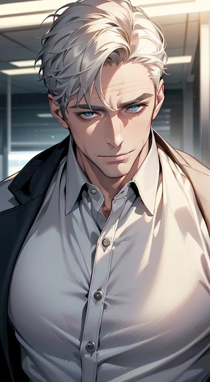 (best quality,4k,8k,highres,masterpiece:1.2),ultra-detailed,(realistic,photorealistic,photo-realistic:1.37),1 man,3,mature man,very handsome,without expression,smile,short white hair,blue eyes,penetrating gaze,perfect face without errors,imposing posture,businessman,office background,cinematic lighting,hdr image
