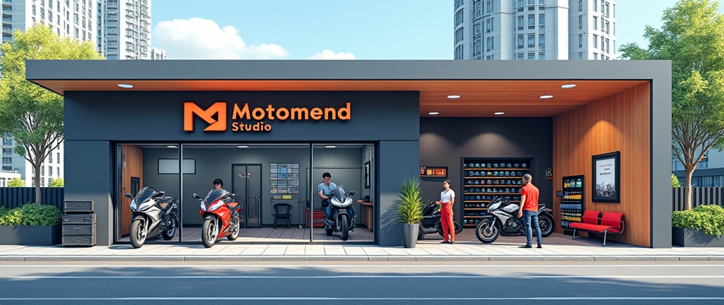 Generate a realistic, horizontally shop width lenthy more more expended part by part room 1 part Service point, 2 part waiting room, 3 part payment reciption same floor extended image of a one-floor bike servicing center named 'MotoMend Studio' in a roadside city area. The design should clearly show three sections: a service point with three mechanics working on bikes visible through a glass front, a customer waiting room with comfortable seating and customers waiting, and a reception area on one side. Also, include a corner with a showcase wall displaying parts, helmets, and engine oil. The center should be clean, organized, and modern. The exterior should feature a well-paved road, a few trees, and surrounding buildings, creating a lively city atmosphere. The 'MotoMend Studio' branding should be prominently displayed on the glass door and signage one floor and one side customer wait in sofa hand tea