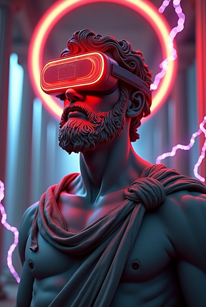 A hyper-realistic digital art of a Greek god-like figure wearing a virtual reality headset, standing in an ancient temple, surrounded by pillars, purple and pink lightning bolts crackling around, dramatic backlighting creating a neon halo effect, intricate details in the stone sculpture, futuristic and mythological fusion, high contrast, vivid colors, cinematic lighting, inspired by sci-fi and classical art, digital painting techniques, soft focus on the background, glowing elements --ar 16:9 --v 6.1