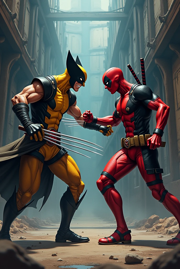 Sanji but sanji is deadpool clothes but not his mask and he is fighting with zoro but zoro is wolverine
