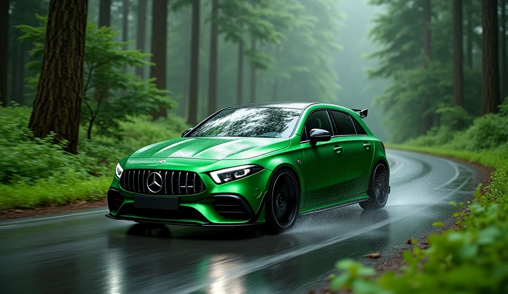 Mercedes benz amg a 200, green colour on the road of forest with rain