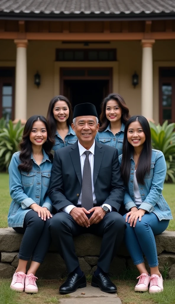 A 60 year old Indonesian man, wear a black Muslim cap, pakai jas dan dasi dan long pants, wearing leather shoes, sit down, smile facing the camera, Beside him there are 4 beautiful Indonesian women, fair skin, big nose, long wavy hair, wearing a denim jacket, long pants, wearing pink sneakers, sit down, happy face facing the camera, in front of the country house, evening atmosphere, minimal defects, very detail, realistic, 8K picture