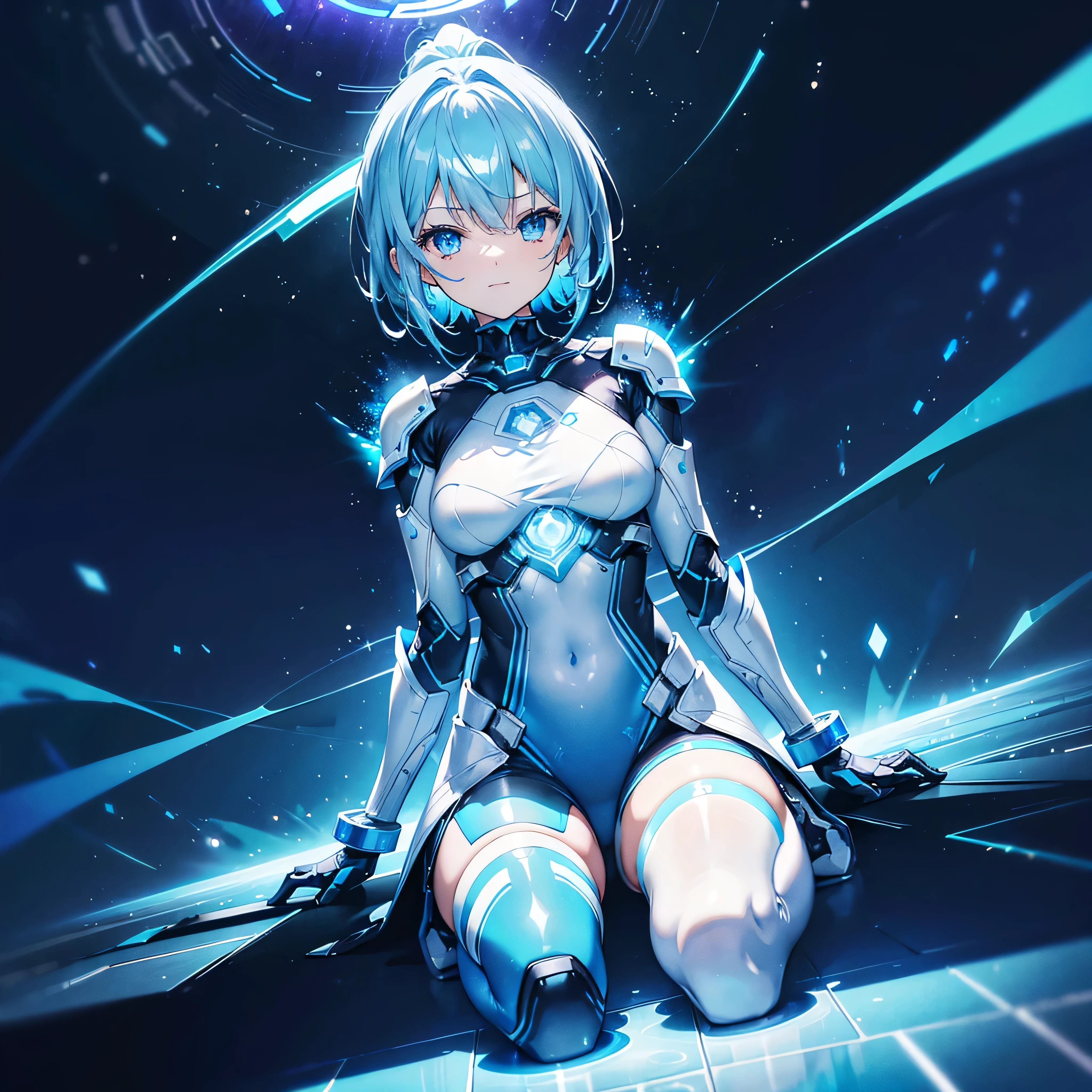 ((Holographic glow effect)),8k, Highest quality, (real:1.4), Original photo, 1 person, Asari Hair, Biological Amplifier, Very sleek and futuristic armor, posture: Peace talks between warring factions,,attention arousal, smart blue eyes,A modest smile,Knee-high boots,Patent-look blue tights,Blue big moon and blue light swirl in the background,Blue light from behind,blue light magic,A small, glowing blue ball in the palm of your hand,Blue flame swirl,Blue Comet,Polished floor,