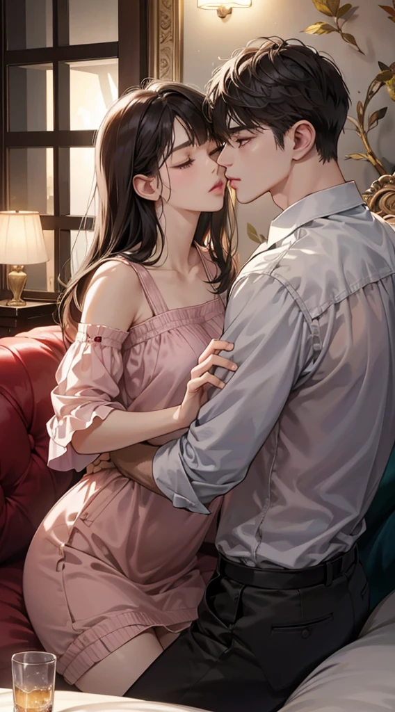 Young men and women in their 20s、1 male, 1 名woman、(best quality, masterpiece, 8K, Reality, Movie Lighting, 1:4 hdr images, Extremely detailed, Beautiful images)）(Extremely detailed CG unified 8k wallpaper),(masterpiece, High resolution,Very detailed:1.0)，（The boy is the overbearing president）（Girls are sexy）Unisex Lightweight Clothing、When kissing、woman的浪漫、Bright and atmospheric、Glossy appearance、Saliva overflow、woman（Brown semi-long hair）Close your eyes、Sweet Sigh、Men（Black short hair、Wear a shirt）用力Close your eyes、background（A room、sofa）、Dead、Darker，The picture is romantic，Pink glow，Ambiguous atmosphere，Beautiful light and shadow，