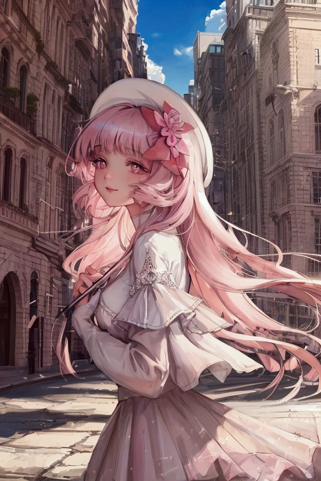 official art, Masterpiece, Sharp focus, (Beautiful, lovely, lovely city girls: 1.3), White-collar city, Beautiful and delicate hair, eyes and face, realistic, Very detailed, beautiful girl, sky, fluorescent white particles, (On the side of the road: 1.2), sunlight, White clouds, delicate clouds, Thin, smile, terrain, long straight hair, building, Dynamic hair, long straight hair, Delicate platinum pink hair, glowing brown eyes, hair accessories, Epic terrains,Put on a hat.,Holding a broom