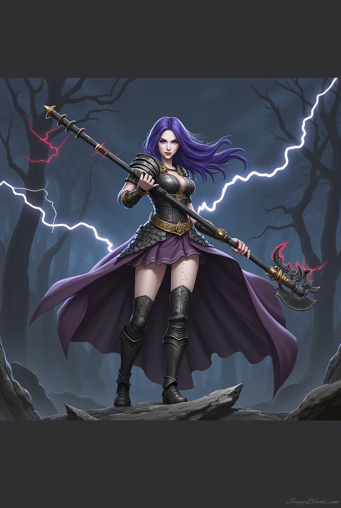 woman, hair purple blue, purple eyes, Scars on the hands, black steel breastplate, purple skirt, scaled shoulder pads, bandages on the wrists, blue poleax, black steel boots with gold plating, against the backdrop of trees made of ice, blue lightning, red lightning, purple lightning bolts, gloomy atmosphere