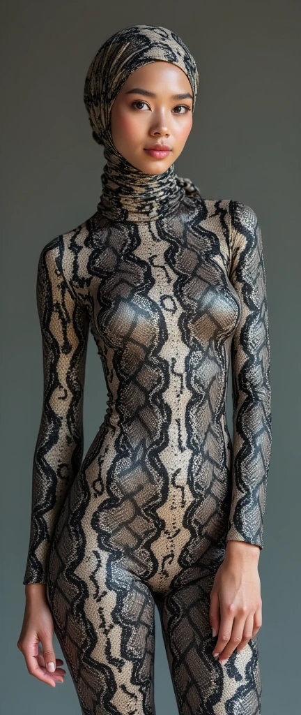 The beautiful,thin and prettiest asian muslimah adult girl with beautiful cheeks wears python print lycra footed turtleneck unitard catsuit covered with patterns and python print lycra elastane stretchy dancewear hijab covered with patterns.
