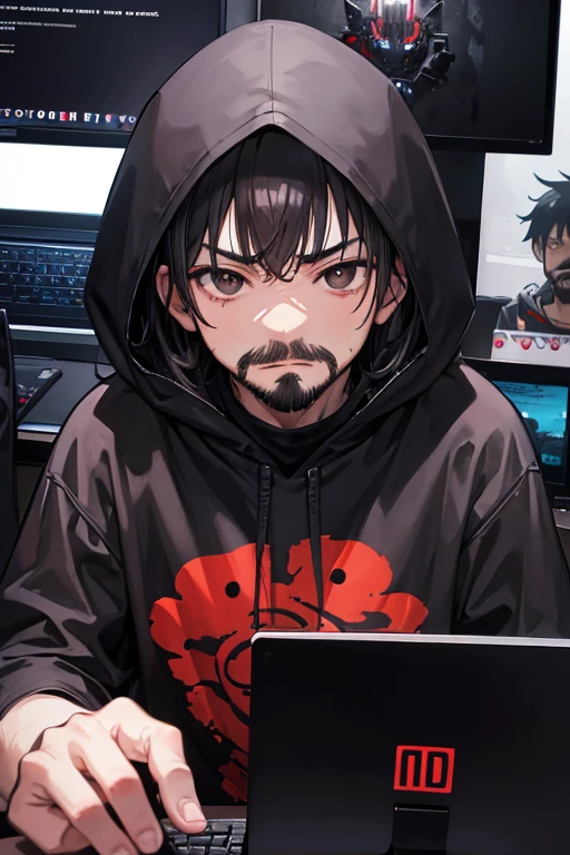 a hooded boy with black hair, mustache and goatee, brown eyes, in front of the gamer computer a monster behind, art cartoon, anime graphic, dark place