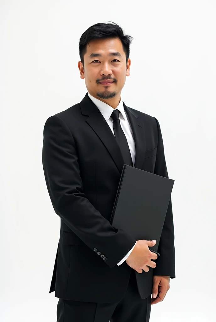 A 3 Japanese man stands holding a black binder under his arm、Black suit、Businessman、The whole body is shown、The eyes are double、Short Hair、Sunburn、facing forward. No beard.
