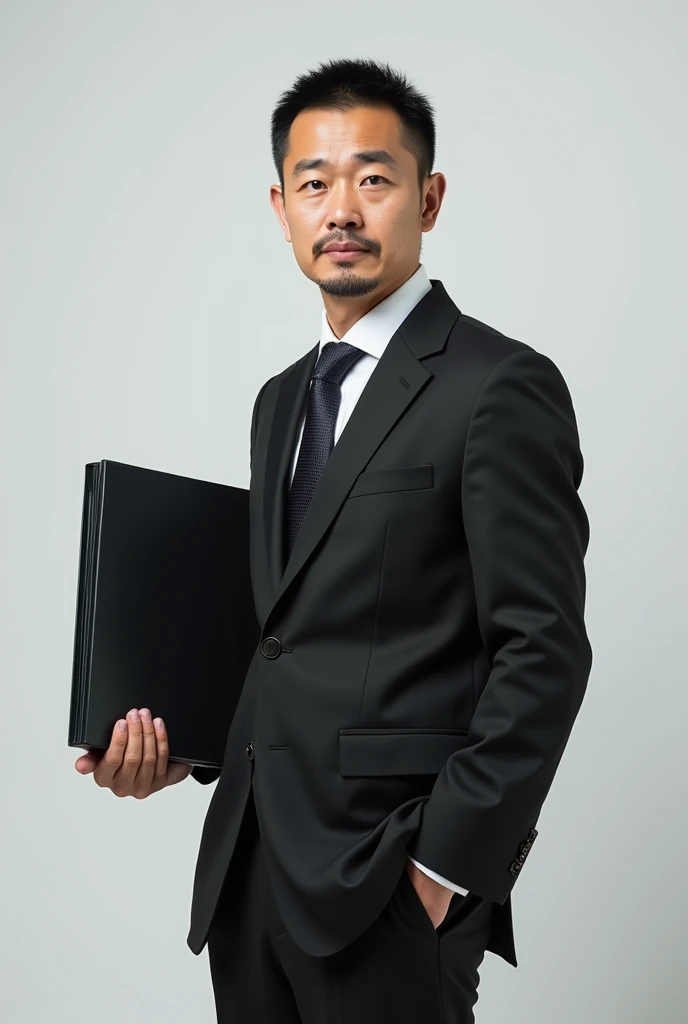 A 3 Japanese man stands holding a black binder under his arm、Black suit、Businessman、The whole body is shown、The eyes are double、Short Hair、Sunburn、facing forward. No beard.