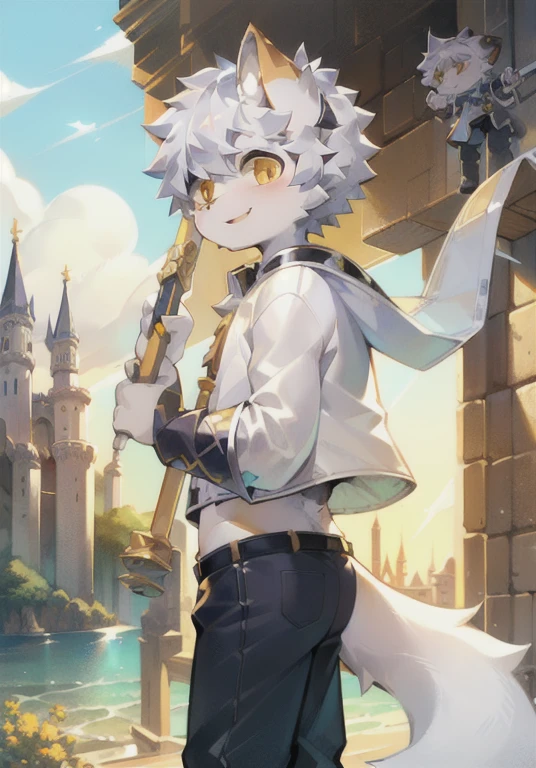 White male cat，boy，cute，Q version，，Big furry tail，Hairy pads，，Golden Eyes，Detailed background，Silver hair，Brave costume，happy，Holding a weapon，White top，Black pants，castle，Golden Skin，