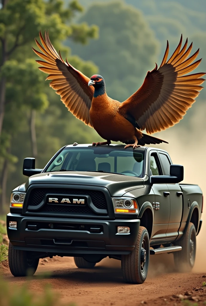 Make a Brazilian partridge (rhynchotus rufescens ) driving with the wings a black RAM 3500 the partridge driving with the wings inside the car but the image outside